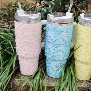 40oz Stainless Steel Vacuum Insulated Tumbler with Rhinestone Handle - Glittery Rhinestone Design