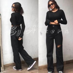HIGHWAIST JEANS KULOT HITAM SOBEK ( SOBEK SEBELAH ) / KULOT JEANS / KULOT ROBEK BY ALZERA