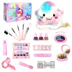 Girls Makeup Kit Real Washable Cosmetics Kit Kid Girls Make Up Set Princess Toy Cosmetics Pretend Play Set Non-Toxic Beauty Toy Eyeshadow Lips Palette Box for Children Gifts With Portable Bag