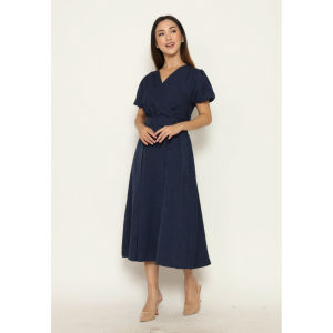 Urban Exchange Jasmine Dress Navy - Midi Dress Puff Sleeves