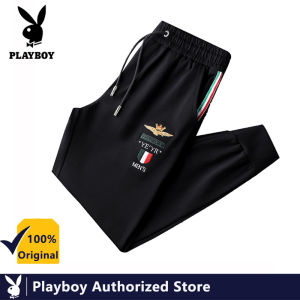 PLAYBOY Mens Pants Embroidery Casual Youth Micro-elastic Mid-waist Sports Knitted Diagonal Pocket Pants Autumn and Winter New Fashion