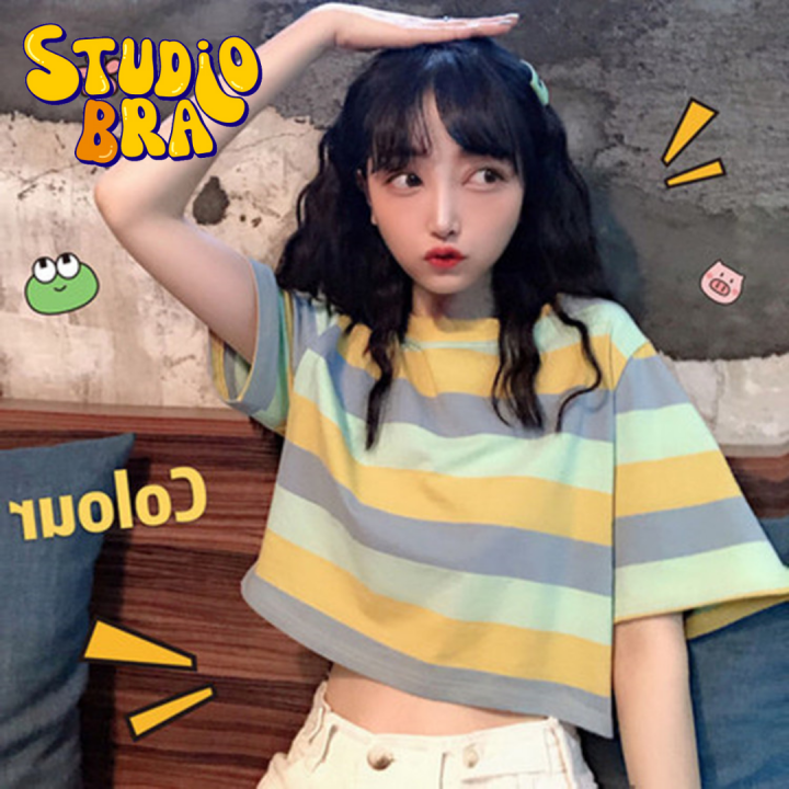 𝙎𝙩𝙪𝙙𝙞𝙤 𝘽𝙧𝙖 - เสื้อครอปแขนสั้น ลายริ้วสลับสี (รหัส: 004) | Lazada.co.th