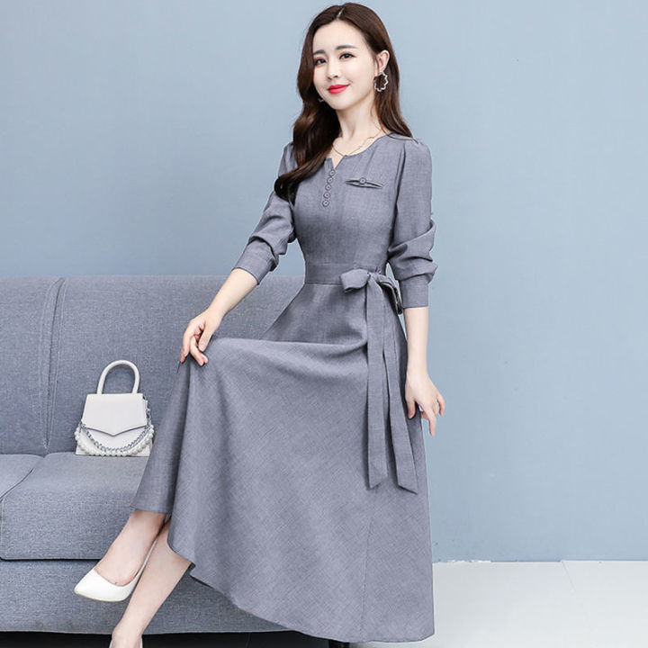 Ladies Dress Fashion Solid Color Casual Cotton Linen Dress Women