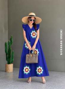 [Bangkok Import] WORANAN STUDIO Floral Printed Maxi Dress - Womens Summer Bohemian Ruffle Sleeve V-Neck Loose Long Dress / Casual Beach Wear Casual Dress