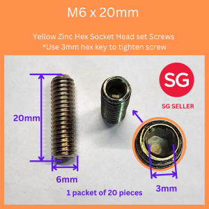 Ready stock in SG. 20 pieces Yellow Zinc Hex Socket Head Set Screws M6 x 20mm. Use 3mm hex key for the screw.