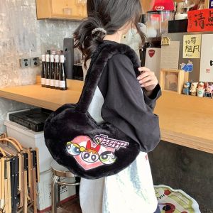 NCUMBE สาว Powerpuff กระเป๋าสะพายไหล่เดียวผ้ากำมะหยี่ รักหัวใจ การ์ตูนลายการ์ตูน กระเป๋าโท้ท น่ารักน่ารักๆ สไตล์ญี่ปุ่นแบบ กระเป๋าถือที่น่ารัก สำหรับผู้หญิง