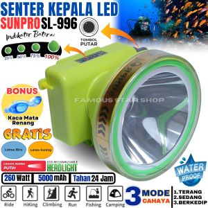Senter Kepala Selam 260W SUNPRO SL-996 Free Lensa Kuning Dan Biru | Headlamp Led Diving Dimmer ( Tombol Putar ) Gratis Kacamata Selam Cahaya Putih Super Terang Baterai Litihium 5000mAh Tahan Hingga 24Jam Waterproof ~FSS
