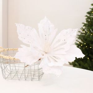 WARM Realistic Velvet Artificial Poinsettia Flocking Handmade Glitter Christmas Flower Stem Flower Accessory Glitter Powder Holiday Xmas Flower Decor Christmas Party