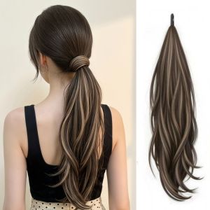 JON09 Synthetic Long Curly Ponytail Extensions 24Inch Flexible Wrap Around Pony Tail Hairpieces Daily Use Self-Winding Wave Ponytail Wig for Women