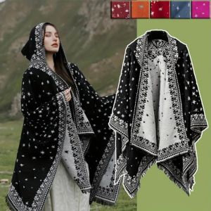 CANICECA Ethnic Style Hooded Shawl Windproof Warm Poncho Capes High Quality Large Cloak Outdoor
