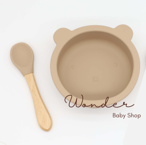 WNDR Mangkok Makan Bayi Silikon Set Sendok / Mangkok Bayi Beruang Silicone / Alat Makan Mpasi Anak / Mangkok Silicon Suction Anti Tumpah Free Set Sendok Kayu BPA Free Food Grade