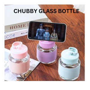 DD Botol Air Budak 300ML Penutup Pemengan Handphone Cawan Kopi Kaca Chubby Cup Water Bottle Phone Stand迷你儿童水瓶杯