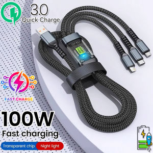 【Fast Charge】100W 6A 3 in 1 Super Charging Cable With LED Indicator Fast Charging Nylon Bradied USB C Fast Charger Type-C Cable Data Cable Suitable for Ios Android Charging Cable Kabel Pengecasan Pantas快充 充电线