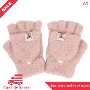 [COD] Mùa đông phụ nữ nửa ngón tay Flip-Top Găng Tay sinh viên dễ thương Cô gái phim hoạt hình ấm áp thoải mái mềm mại phong cách dày đan găng tay