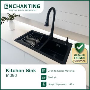 ENCHANTING Kitchen Sink Bak Cuci Piring Dapur Granite 2 Bowl Topmount Black E1090 Set Keran E1583HC Black Panas Dingin
