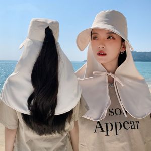 XINSU38 Sunscreen Shawl Fisherman Hat UV Anti Wide Brim Hiking Bucket Hat Fashion Ponytail Cap Mountaineering Hat Famale