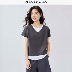 GIORDANO Women T-Shirts 100% Cotton Fake 2-Piece Sweat Tee Crewneck Short Sleeve Summer Simple Fashion Casual Tshirts 05325454