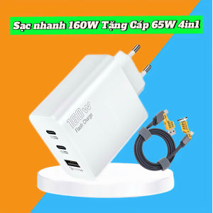 Cốc sạc - Củ sạc nhanh 160W màu trắng chân tròn 3 cổng ra USB-2type C TẶNG Cáp sạc nhanh 65W 4in1 tiện dụng cho tất cả Điện thoại