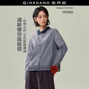 Giordano Women Lace doll collar long sleeve plaid shirt Free Shipping 18346324