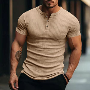 Mens Stylish Stripe Knit T-shirt -Fashionable Henley Neck Short Sleeves Soft & Breathable - Perfect Comfy Tops for Leisurewear