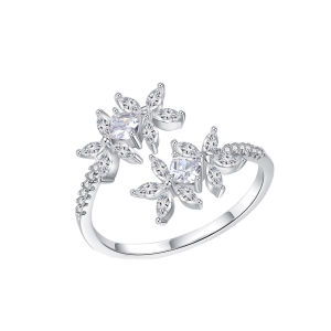 SEQUITO Elegant Ladies Jewelry White Gold Plated Pave Setting AAAAA Cubic Zirconia Delicate Floral Shape Open Cuff Finger Ring Adjustable Wedding Band SR135