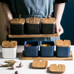 Seasoning Jar Set Nordic Ceramic Square Grain Ceramic Combination Seasoning Bottle Suit Kitchen Supplies Spice Jar Blue Jars