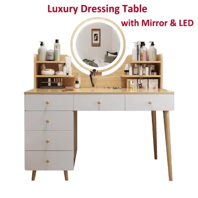Dressing Table Desk Vanity Desk with Mirror and LED Modern Makeup Vanity Table with Storage Drawers