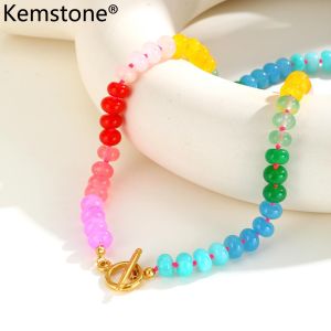 Kemstone Colorful Jade Beads Choker Necklace for Women Summer Style with Toggle Clasp