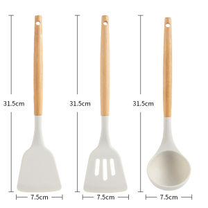 Nipiin 6PCS Japanese Style White Silicone Wooden Kitchen Utensils Spatula Cooking Tools Set Heat Resistant Food Grade Silicone Kitchen Utensils