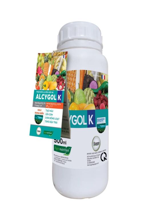 Phân bón ALCYGOL K (500ml) hợp lực giữa Kali hòa tan 100%, với Đạm (N) chiết xuất từ Rong biển tự nhiên (ASCOPHYLLUM NODOSUM) giúp Dìu đọt lá xanh dày, Chặn đọt không cháy lá, Tạo mầm hoa không cháy lá, ra hoa tập trung,Chống rụng hoa