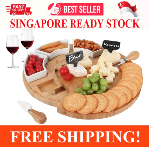 BAMBOO CHEESE BOARD SET SERVING TRAY AND CHEESE SERVING PLATTER ROUND CHEESE BOARD AND KNIFE SET FOR CRACKER AND BRIE LARGE CHARCUTERIE BOARD SET AND CHEESE TRAY FOR HOUSEWARMING GIFT