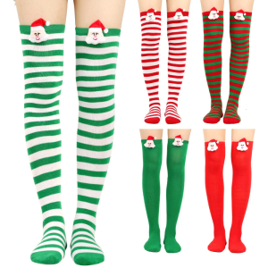 Women Striped Long Socks Cute 3D Plush Santa Claus for Doll Over Knee Thigh High Stockings for Christmas Costumes Access