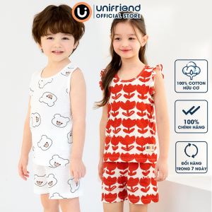 Bộ quần áo ba lỗ sát nách cotton cho bé trai bé gái mặc nhà mùa hè Unifriend Quốc U2022-11. Size đại trẻ em 5 6 8