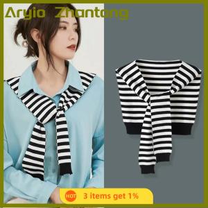 Aryio Mùa Đông Bên Ngoài Khăn Choàng Cho Phụ Nữ Hàn Quốc Phong Cách Mới Mùa Xuân Và Mùa Thu Cổ Áo Giả Mỏng Sọc Len Dual-Sử Dụng Khăn Dệt Kim Khăn Choàng