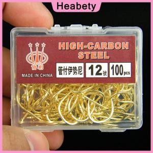 Heabety 100pcs Box Gold Color With Ring Tube Pay Iseini Hooks Barbed High Carbon Steel Sea Fishing Hooks