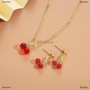 [COD] Abulaia Red Cherry Pendant Necklace Stud Earrings Set Womens Fashion Fruit Necklace Earrings Jewery Set For Party Wedding Girls Gifts