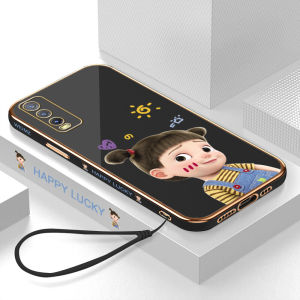 Case For Vivo Y20 Y20i Y20S Y20SG Y20 2021 vivoy20 vivoy20s Case For Girls Free Lanyard + Cute Cartoon Happy Girl Square Edge Plated Phone Shell Luxury Plating Soft Case
