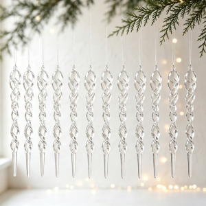 HIROCHAO 12Pcs Shatterproof Christmas Tree Icicle Ornaments Acrylic Transparent Xmas Icicle Pendants Lightweight Shining Ice Strip Hanging Ornaments Holiday Xmas Tree