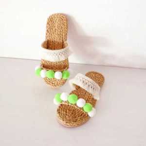 รองเท้าสานผักตบชวา รองเท้าสานสำหรับผู้หญิง สีขาวเขียวส้นแบน รองเท้าแตะ รองเท้าผู้หญิง