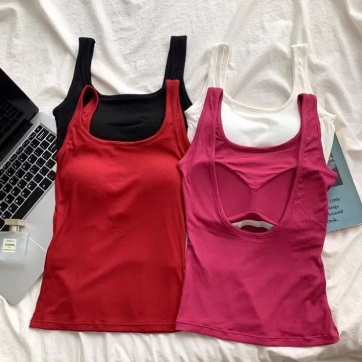 Freya Padded U-Back With Chest Pad Knitted Basic Comfy Sleeveless Open Back Casual Top For Women