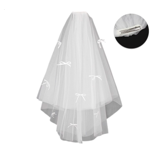 ตาข่ายคลุมหน้าหญิงโบว์ริบบิ้นแบบผ้าคลุมหน้าสั้นงานแต่งงานพร้อมหวี/คลิปติดผมเจ้าสาวเครื่องประดับผมงานปาร์ตี้มงกุฏดอกไม้สีขาวถ่ายภาพ