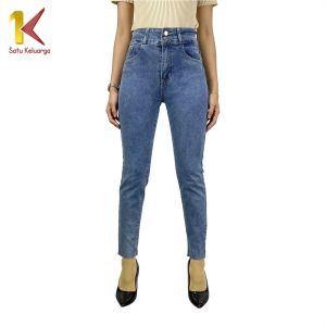 1K Stretch Skinny High Waist Jeans Unfinished Cut dengan 2 Kancing Celana Jeans Panjang Wanita Kekinian P594 Denim Celana Panjang Highwaist