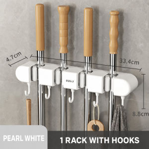 Allieuka Wall Mounted Mop Holder Broom Organizer Rack No Drill Adhesive 4 Clamps 5 Hooks Bathroom