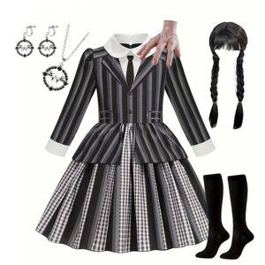 New Addams Black Striped Dress Girls Family Cosplay Wed. Halloween Costume Kids Family Dancing Pageant College Style Clothing