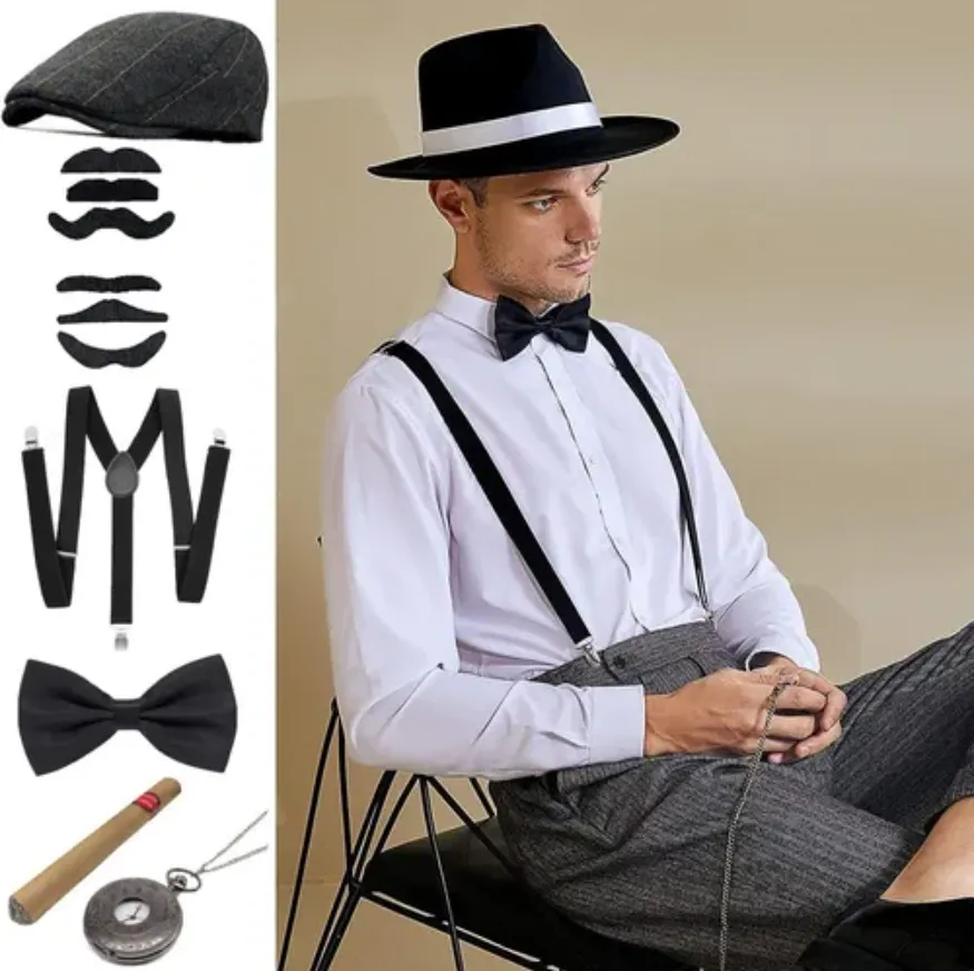 1920s Accessories for Men 20s Gatsby Manhattan Hat Suspenders Pocket Watch  