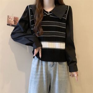 BL20734 College Korean Girl 2in1 Vest Blouse