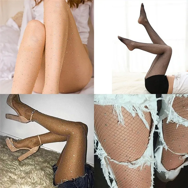 Women Crystal Rhinestone Sexy Fishnet Stockings Net Mesh Socks