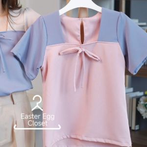 A24 เสื้อทํางานผู้หญิง เสื้อคอเหลี่ยม แต่งเชือกผูกเย็บติดกับตัวชุด Easter Egg