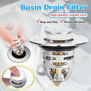 Universal Bathroom Sink Drain Stopper Brass Pop-Up Sink Drain Filter(Silver)