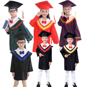 3-16 Years Kids Graduation Gown + Hat Childrens Bachelor Dress Kindergarten Elementary School Students Photography Robe Outfit Set Costume
